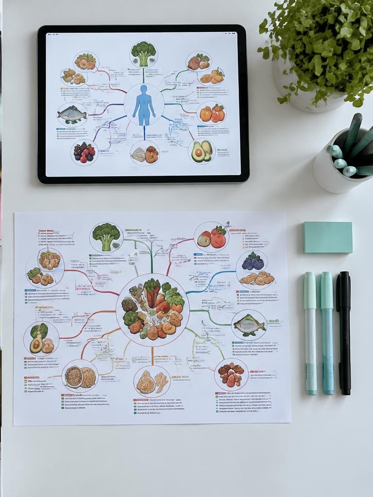Mesa organizada com material visual de Nutrição